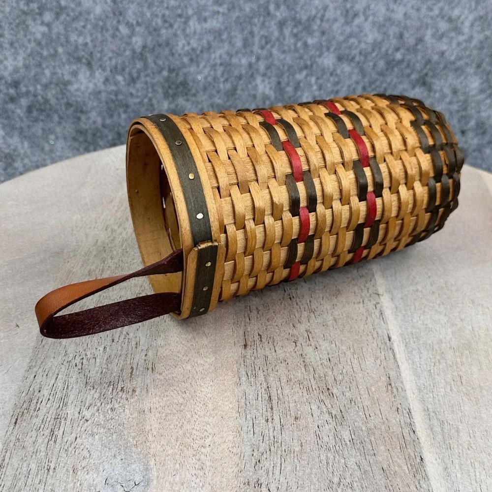 Bradford Basket Company 1997 Christmas Candle Basket Woven Wood Leather Handle